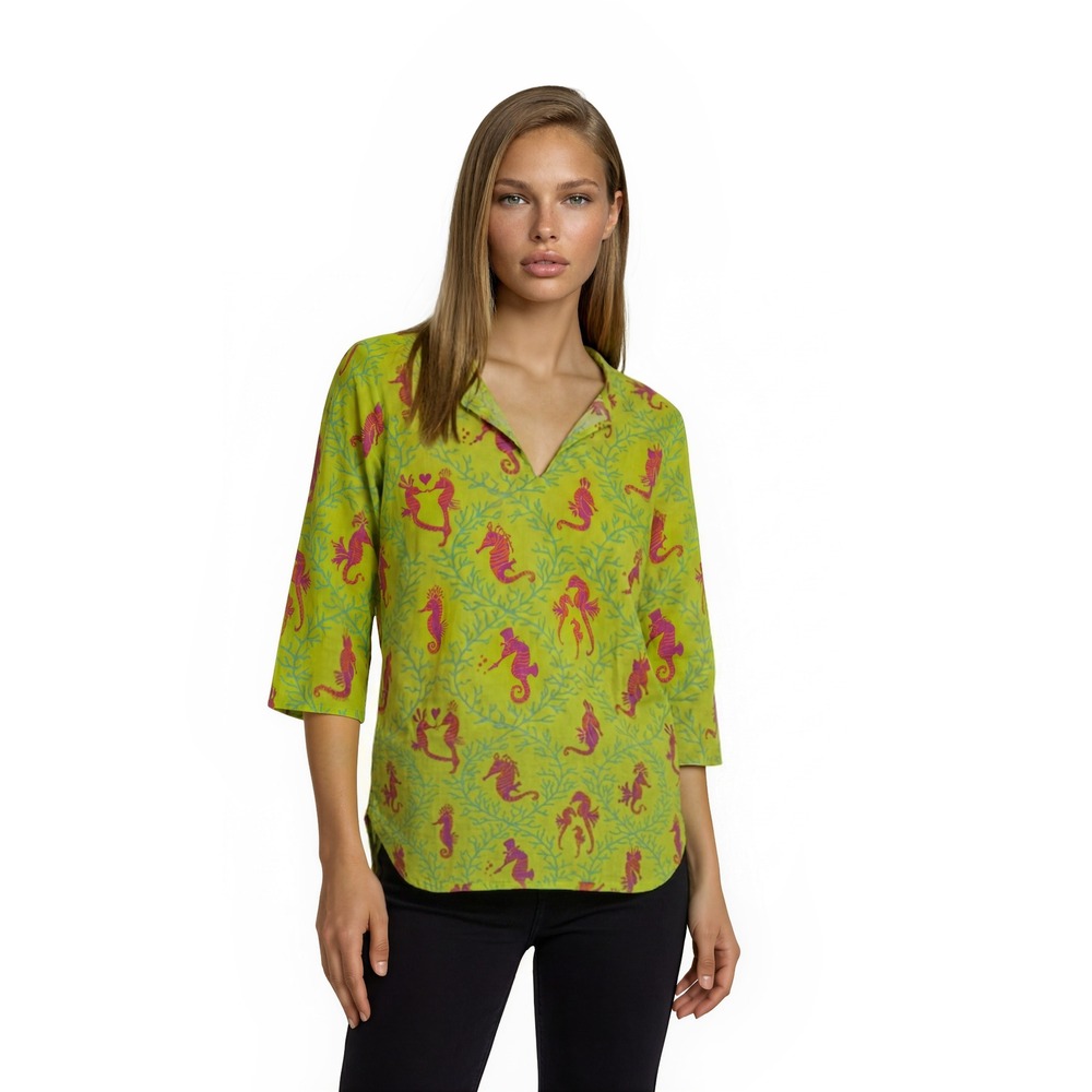 Gretchen Scott Long‎ Tunic Women's Size Small Green Seahorse 100% Cotton Coverup